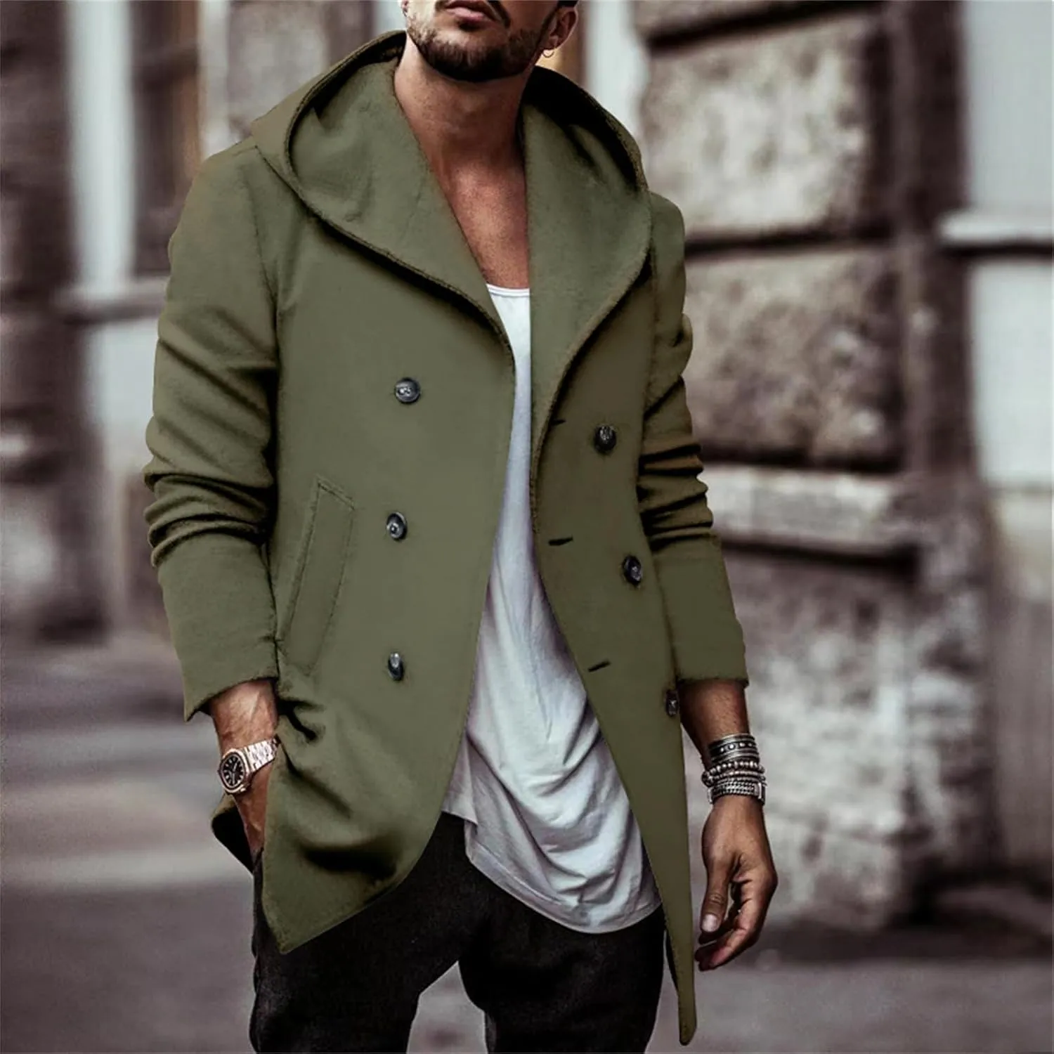 Mens Classic Pea Coat Hoodie Notched Collar Double Breasted Slim Fit Winter Warm Trench Coats for Men with Hood
