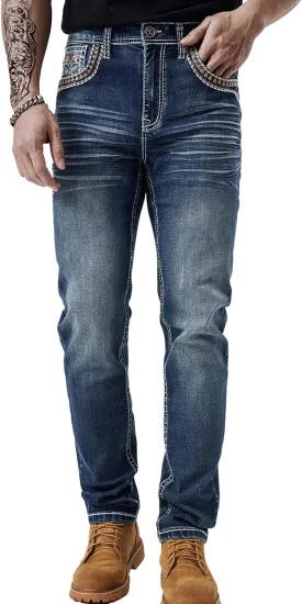 Men's Relaxed Straight Fit Jeans with Comfort Flex Classic Pants for Men Straight Leg Casual Embroidered Jeans