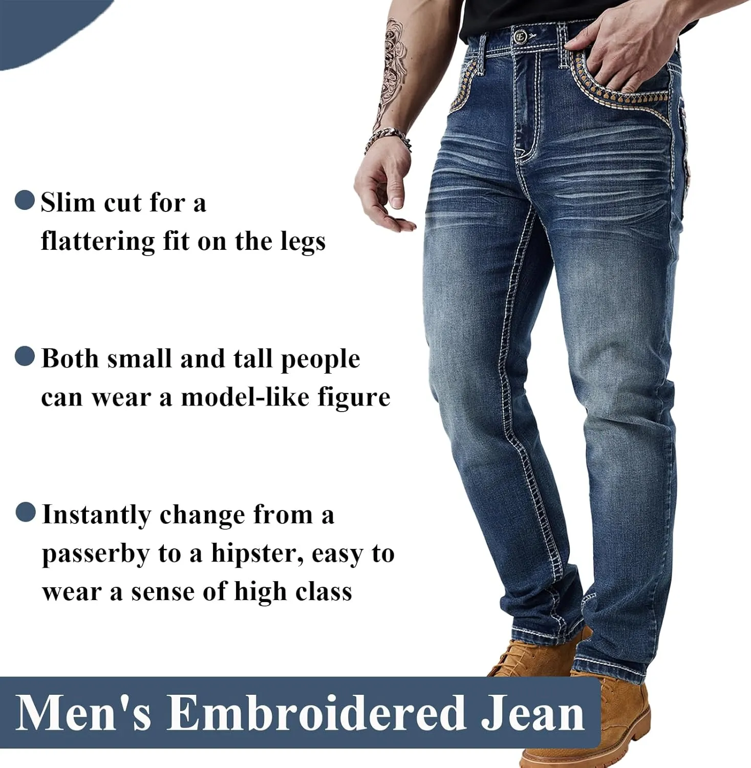 Men's Relaxed Straight Fit Jeans with Comfort Flex Classic Pants for Men Straight Leg Casual Embroidered Jeans