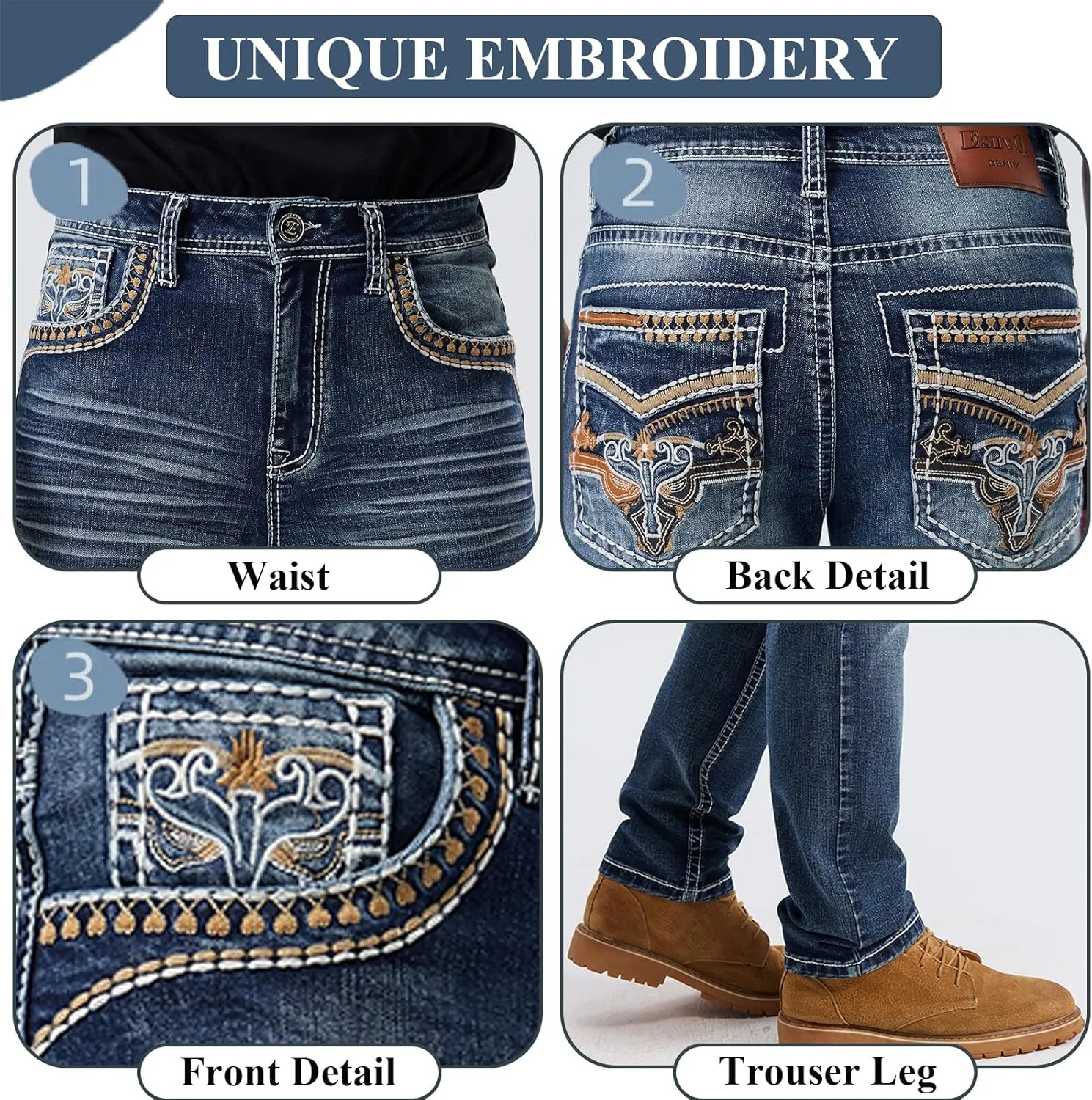 Men's Relaxed Straight Fit Jeans with Comfort Flex Classic Pants for Men Straight Leg Casual Embroidered Jeans
