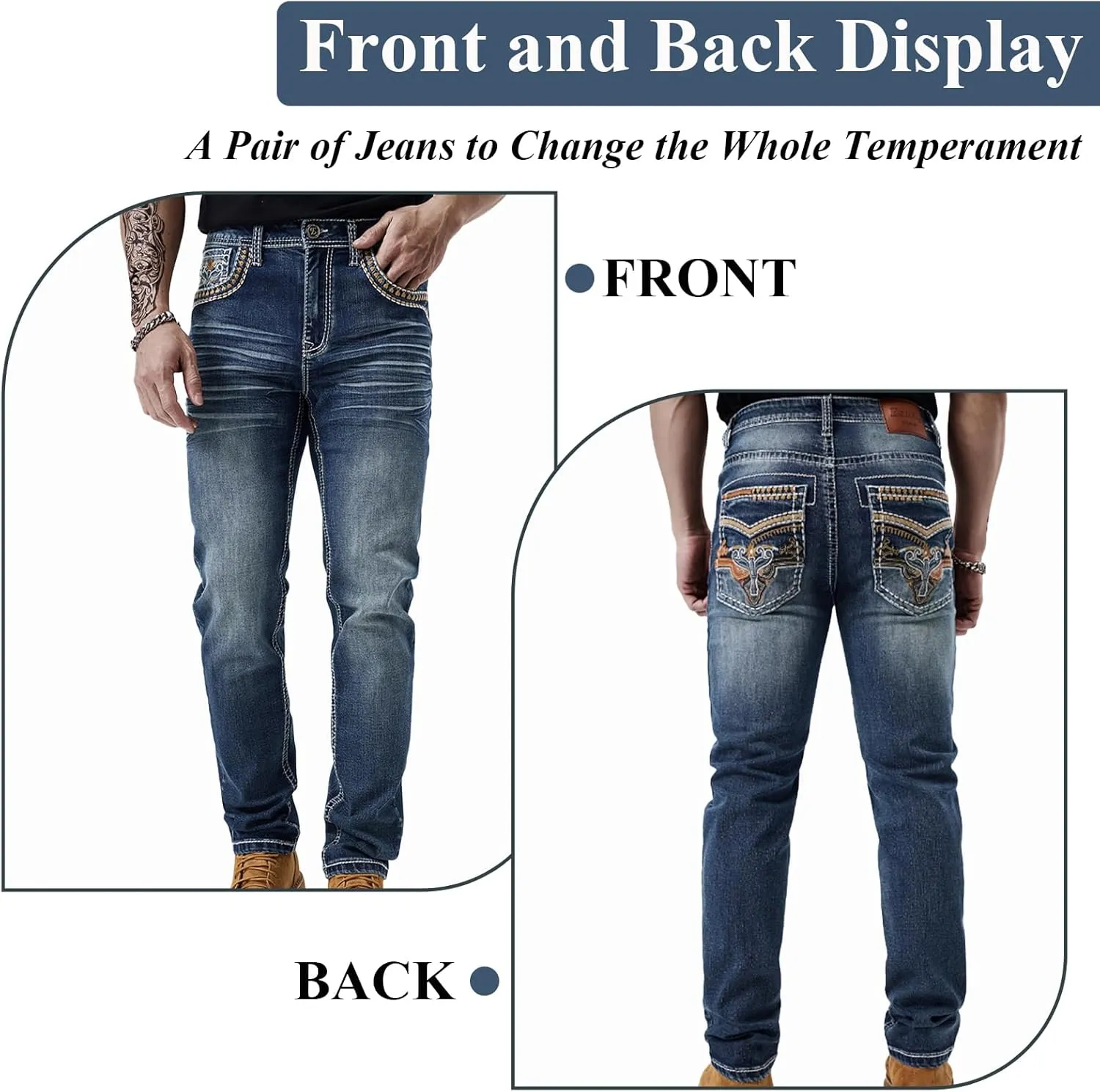 Men's Relaxed Straight Fit Jeans with Comfort Flex Classic Pants for Men Straight Leg Casual Embroidered Jeans