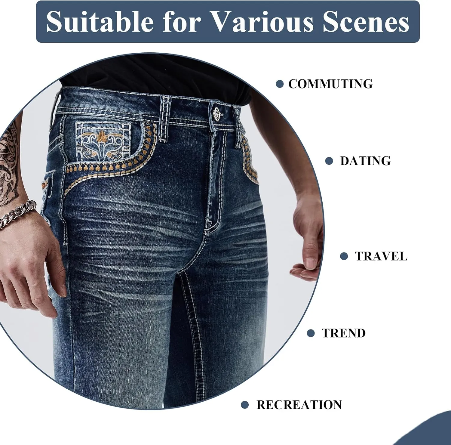 Men's Relaxed Straight Fit Jeans with Comfort Flex Classic Pants for Men Straight Leg Casual Embroidered Jeans