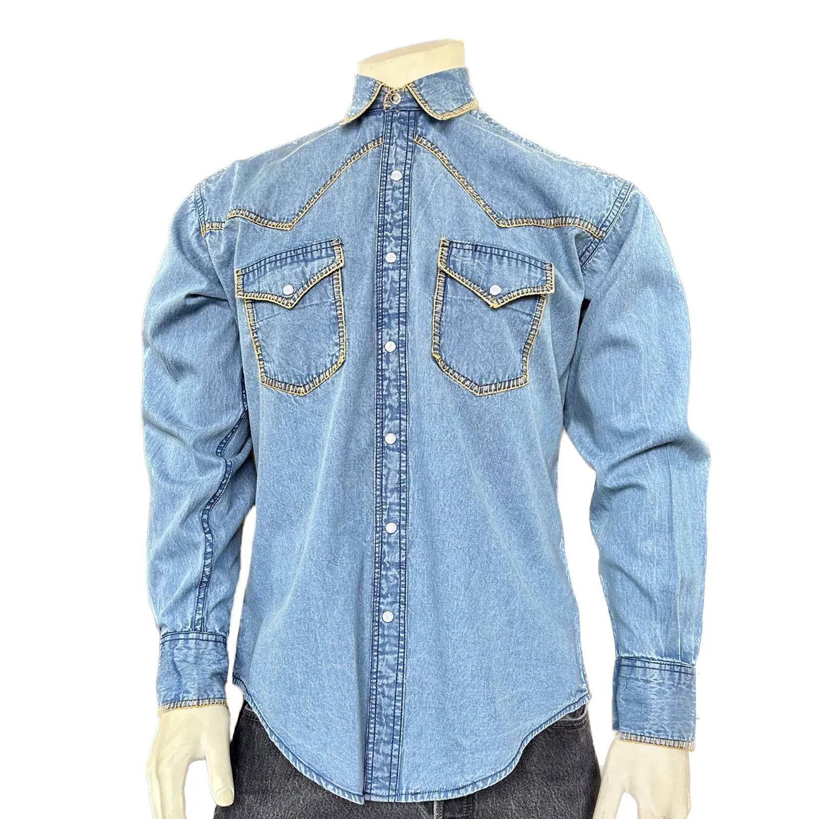 Men's Stonewashed Denim Blanket Stitch Western Shirt