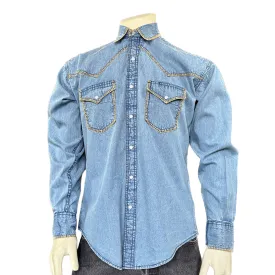 Men's Stonewashed Denim Blanket Stitch Western Shirt