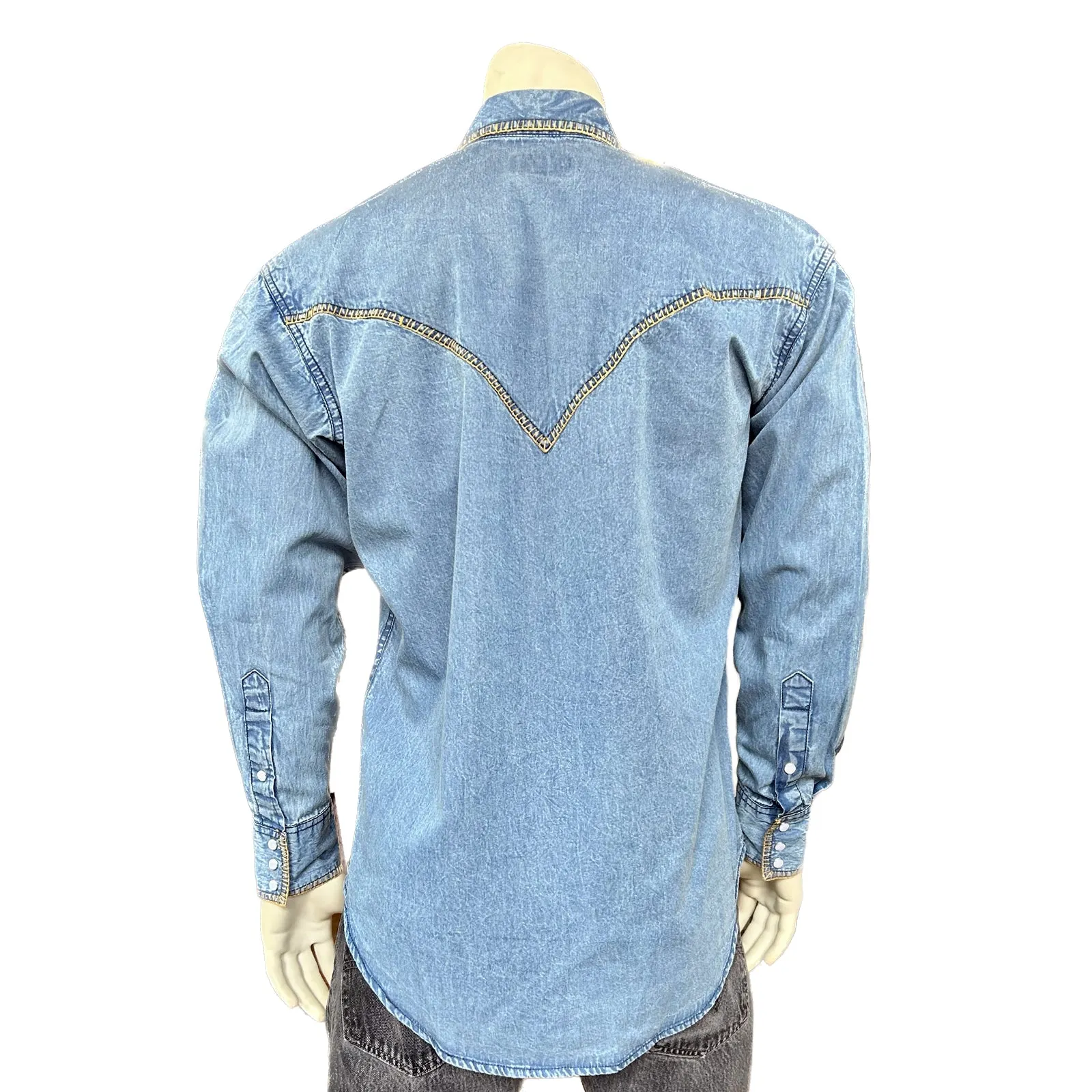 Men's Stonewashed Denim Blanket Stitch Western Shirt