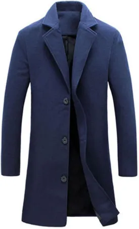 Mens Wool Blend Coat Winter Trench Coats Notched Lapel Collar Single Breasted Overcoat Classic Business Peacoat