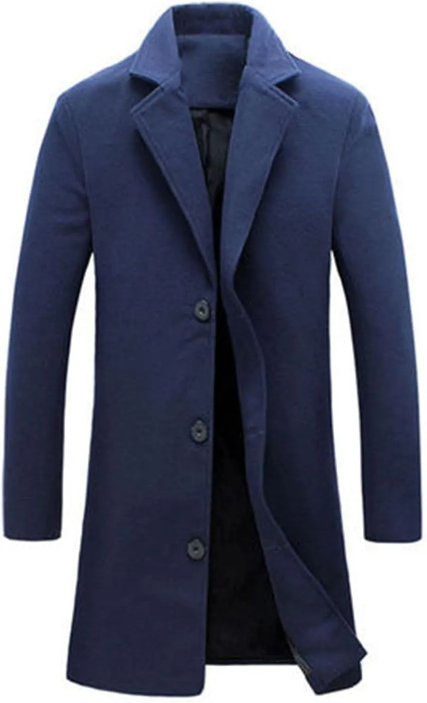 Mens Wool Blend Coat Winter Trench Coats Notched Lapel Collar Single Breasted Overcoat Classic Business Peacoat