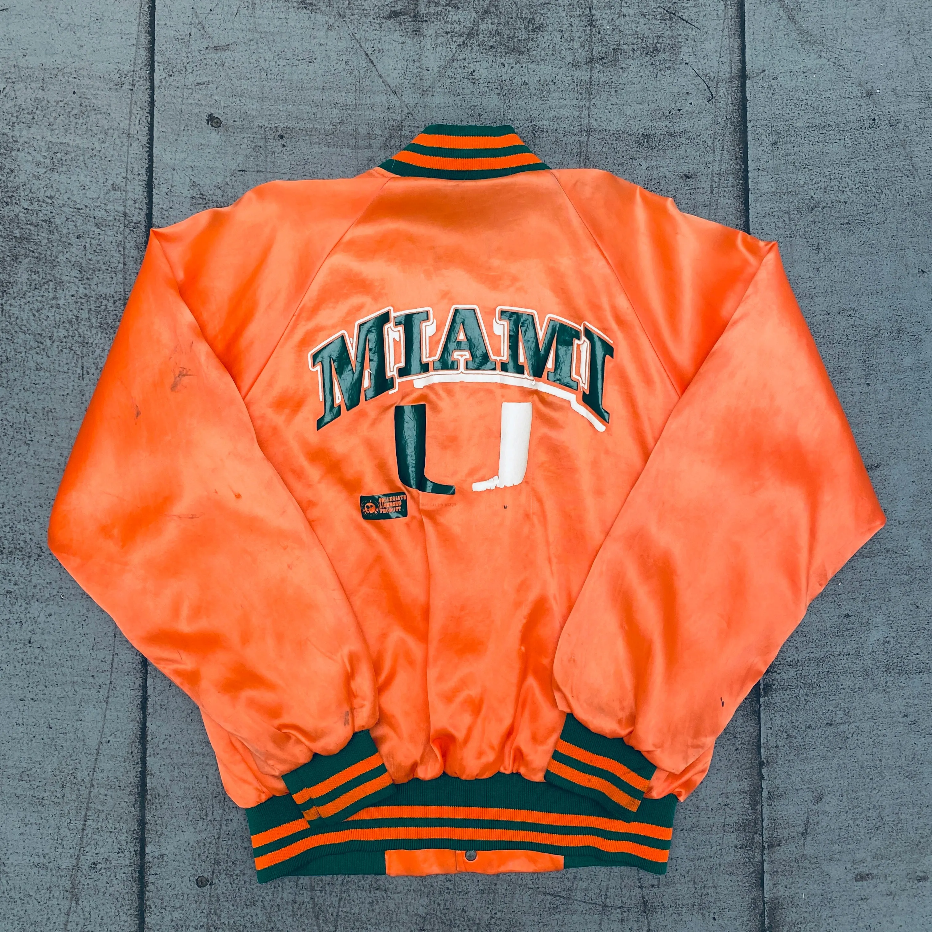 Miami Hurricanes: 1980's Satin Reverse Spellout Bomber Jacket (M)