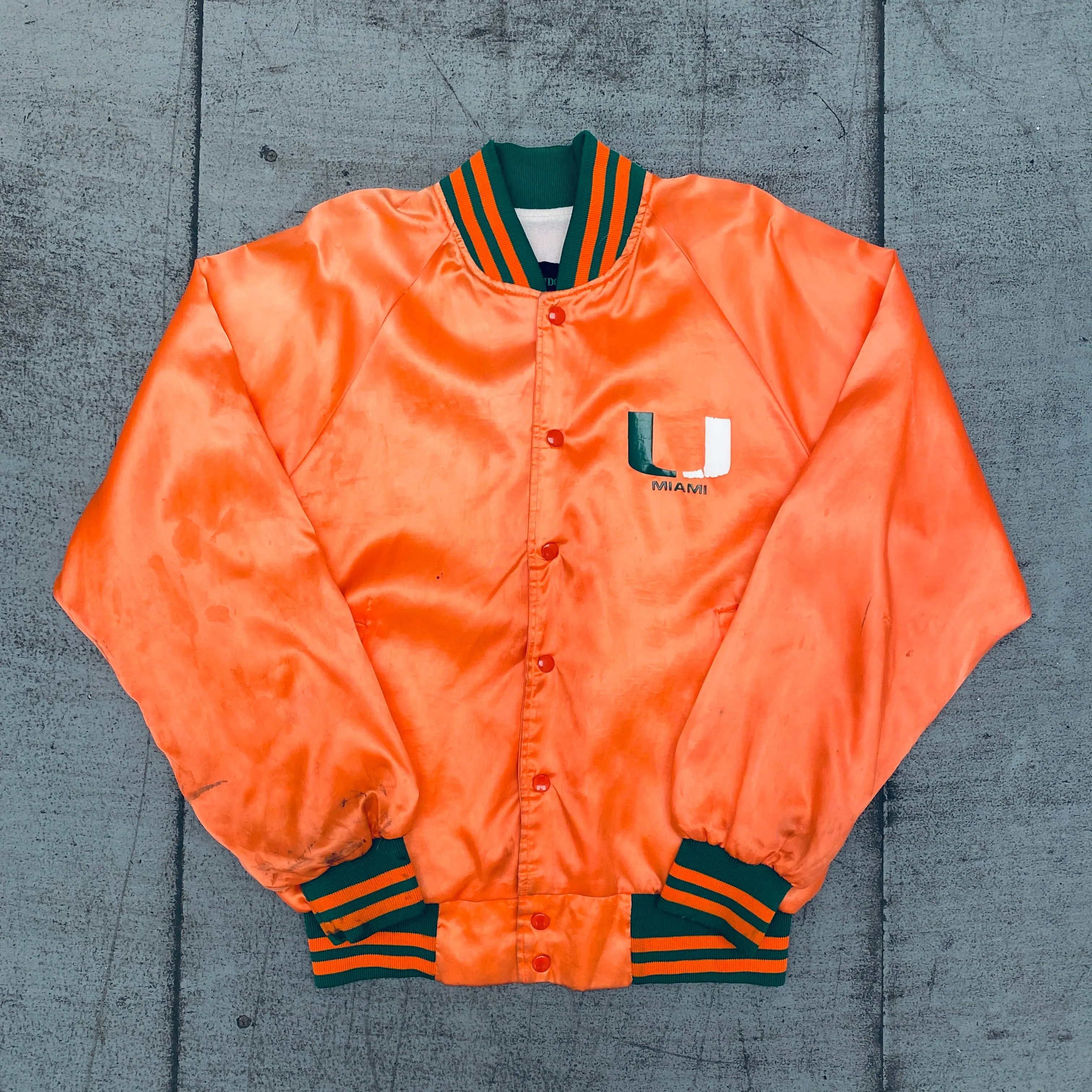 Miami Hurricanes: 1980's Satin Reverse Spellout Bomber Jacket (M)