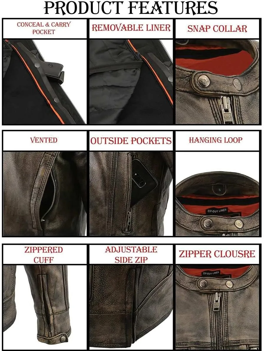 Milwaukee Leather MLM1550 Men's Vented Black-Beige Distressed Leather Scooter Style Motorcycle Jacket w/Liner