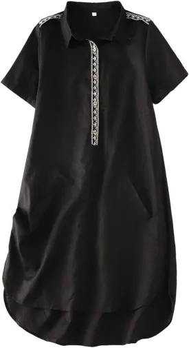Minibee Women's Linen Dress Summer Casual Boho Sundress Short Sleeve Loose Tunic Dresses with Pocket