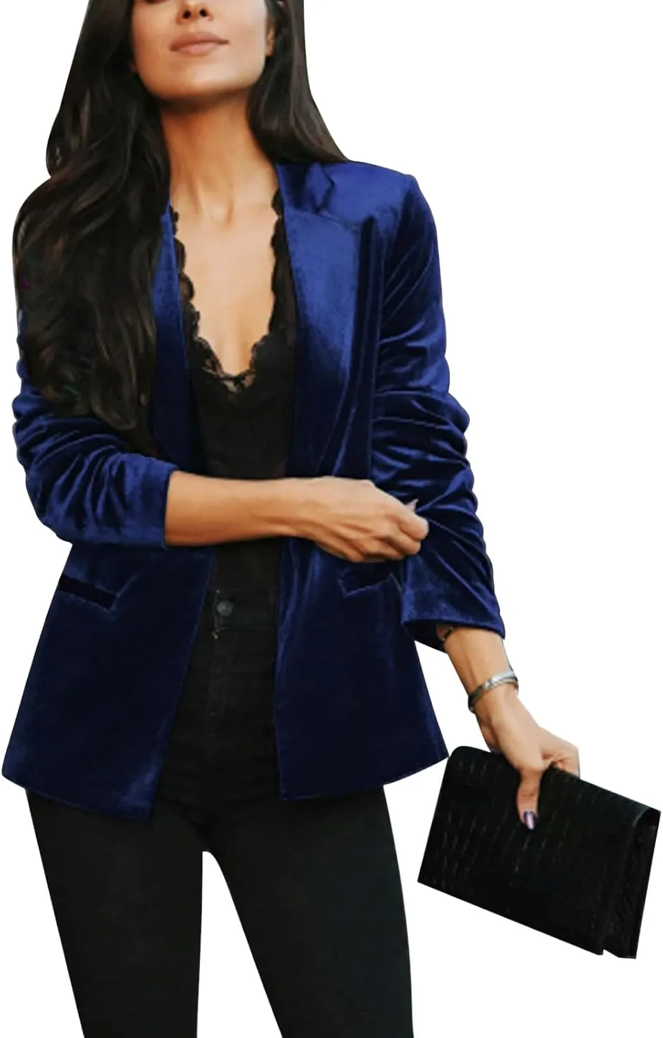 MINTLIMIT Velvet Jackets for Women Long Sleeve Button Front Jacket Suit Casual Work Business Office Blazer,XL,Royal Blue