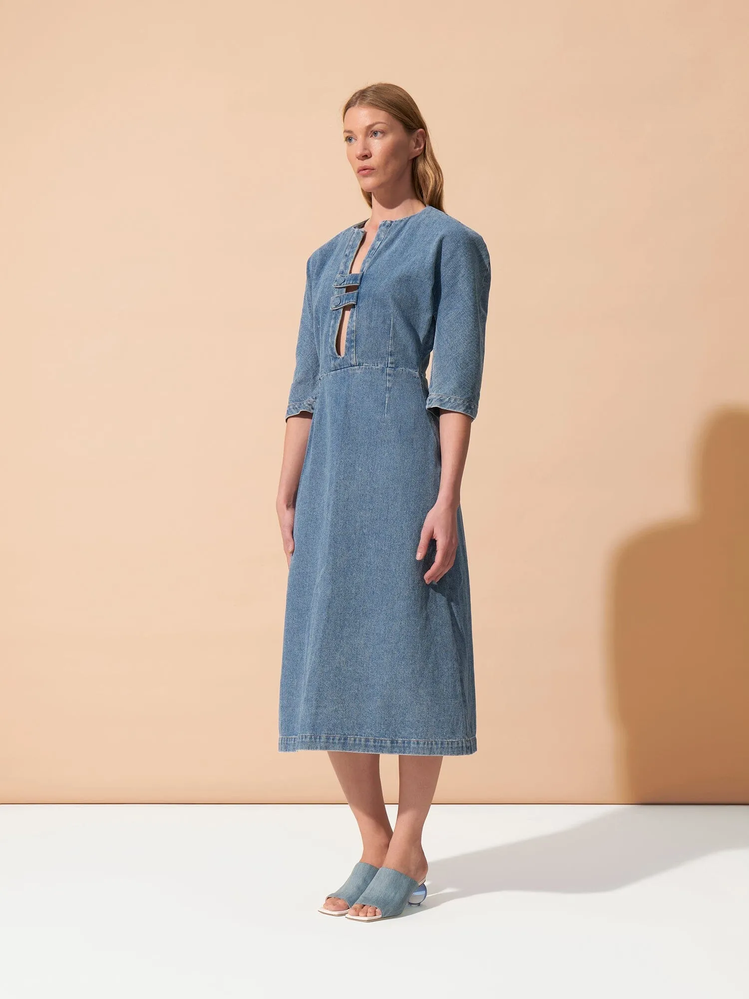 MUMTAZ - Robe midi à manches 3/4 en denim délavé Oeko-Tex Bleu