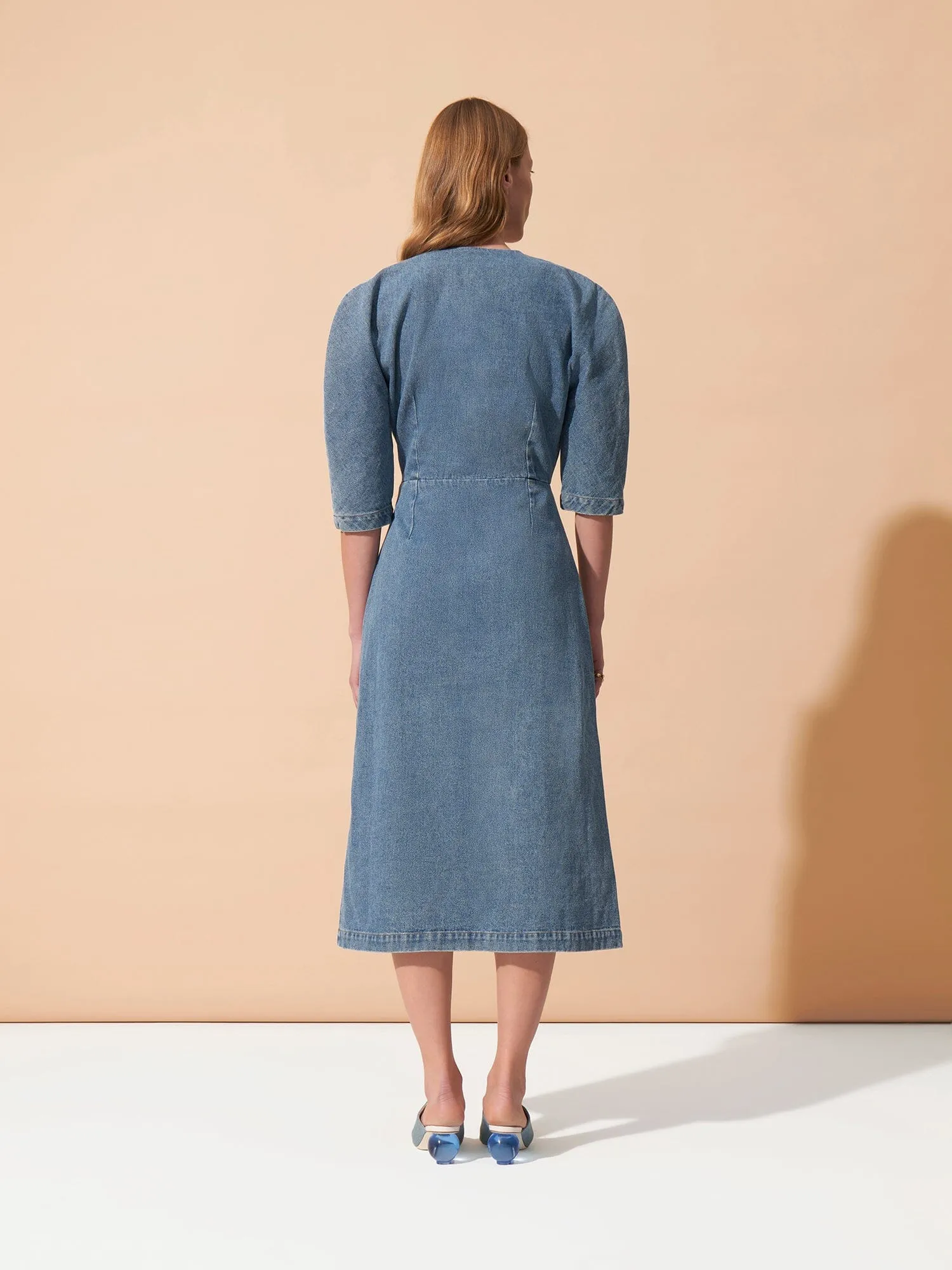 MUMTAZ - Robe midi à manches 3/4 en denim délavé Oeko-Tex Bleu
