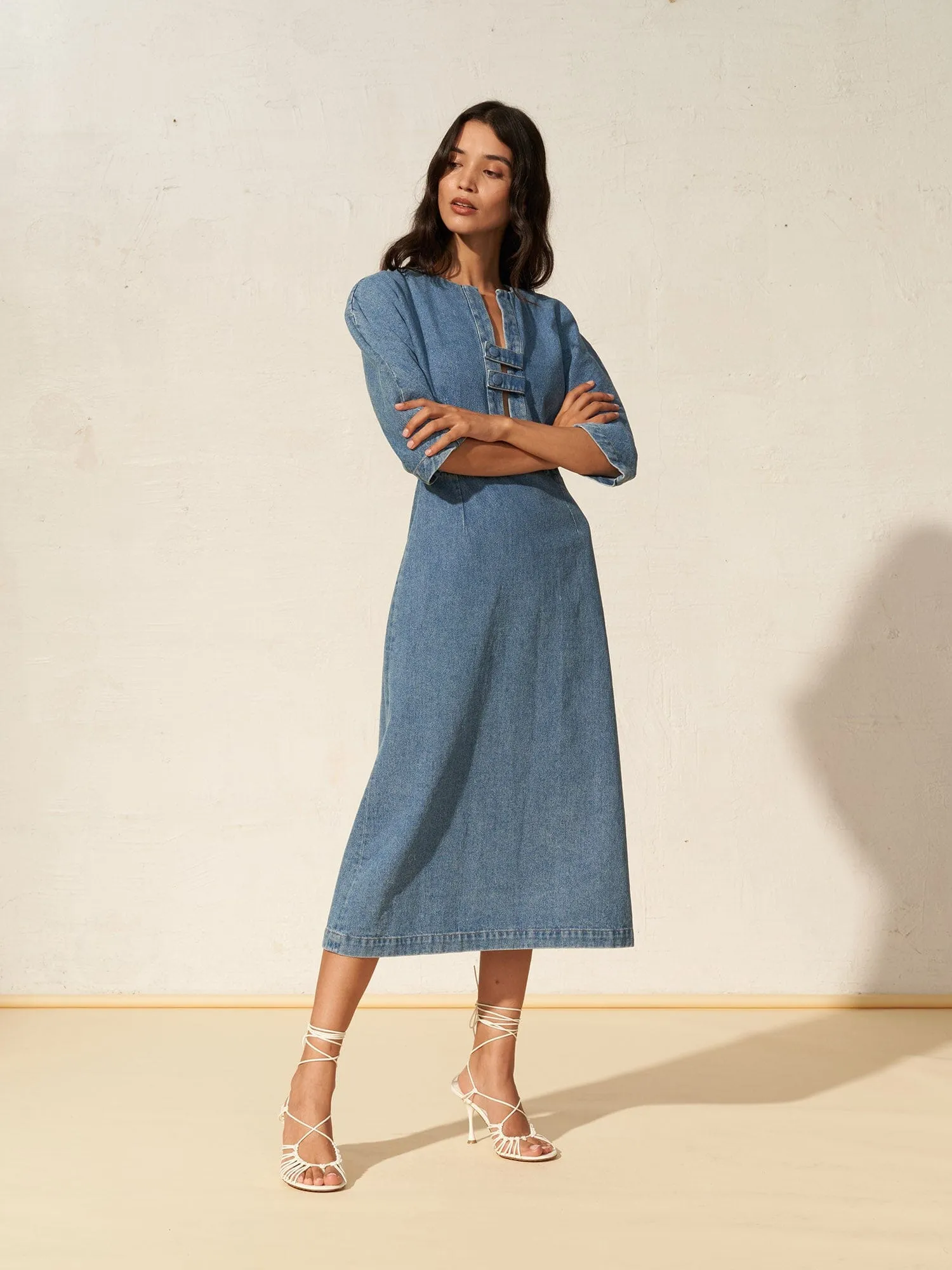 MUMTAZ - Robe midi à manches 3/4 en denim délavé Oeko-Tex Bleu