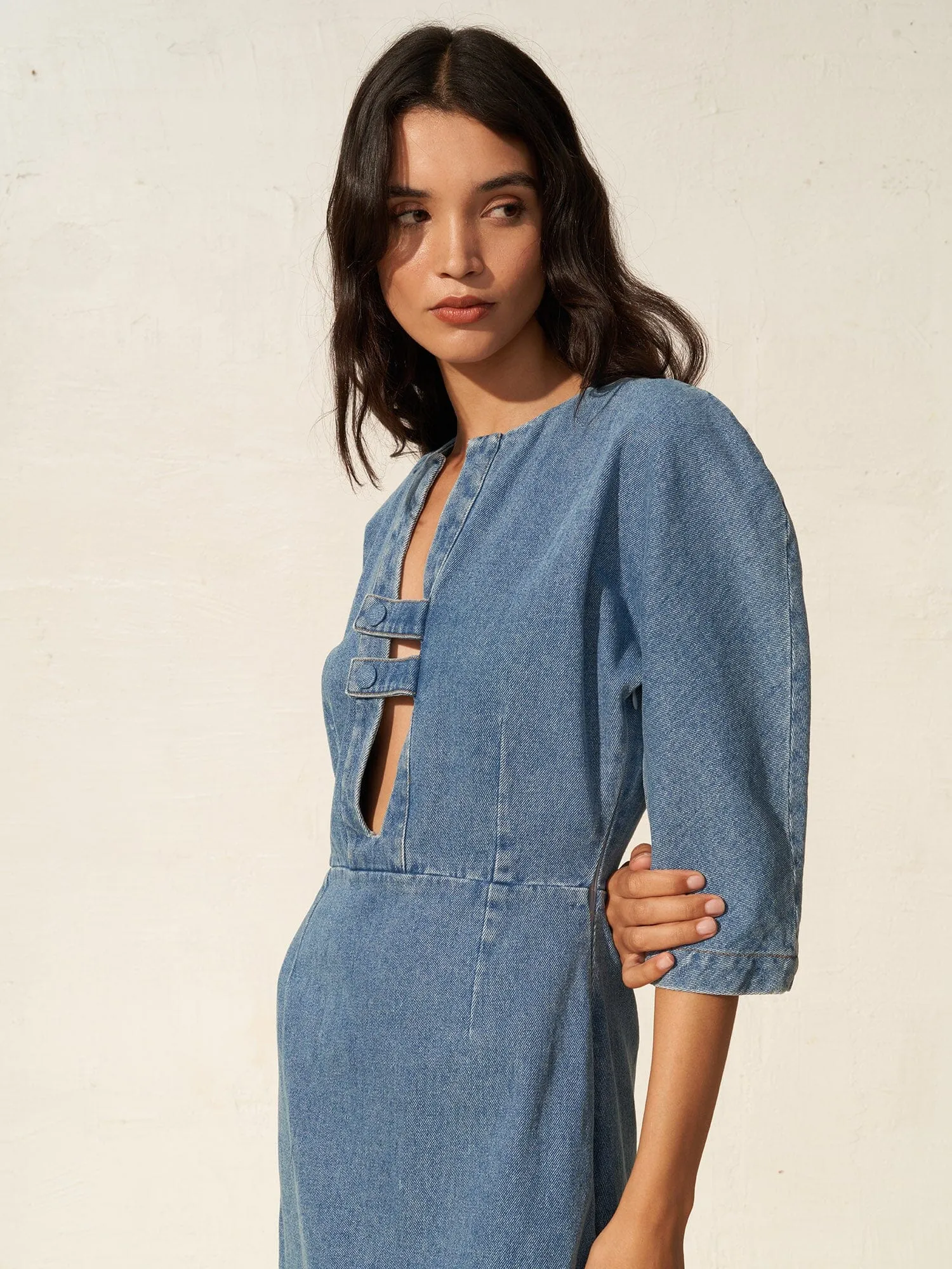 MUMTAZ - Robe midi à manches 3/4 en denim délavé Oeko-Tex Bleu