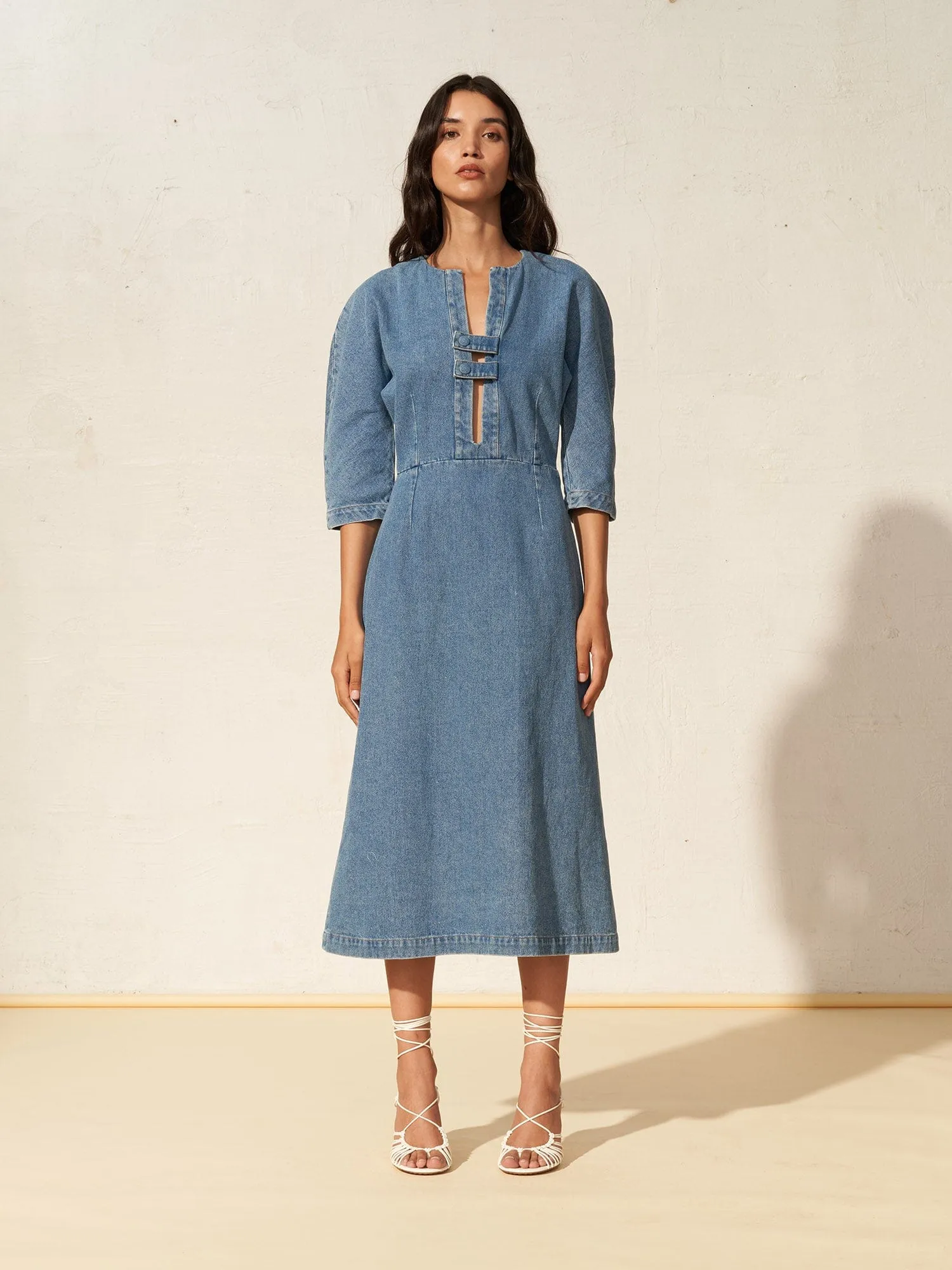 MUMTAZ - Robe midi à manches 3/4 en denim délavé Oeko-Tex Bleu