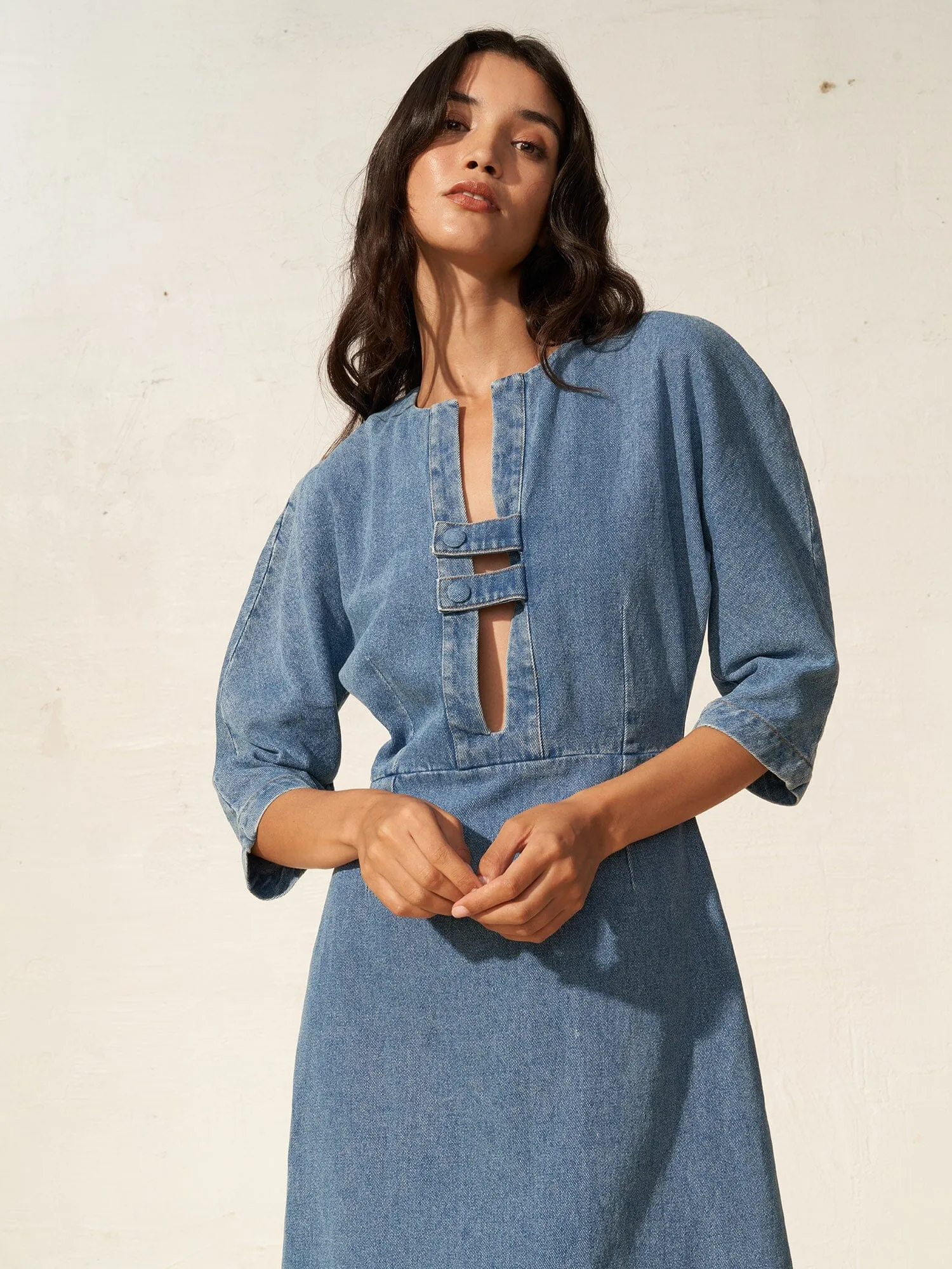 MUMTAZ - Robe midi à manches 3/4 en denim délavé Oeko-Tex Bleu