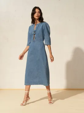 MUMTAZ - Robe midi à manches 3/4 en denim délavé Oeko-Tex Bleu