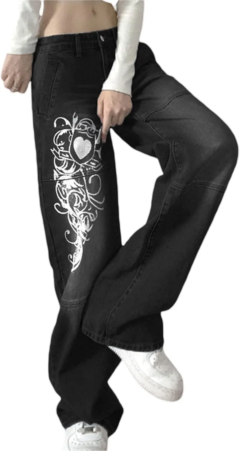 Mxiqqpltky Women Low Waist Jeans Retro Boyfriend Letter Print Denim Pants Y2K Straight Baggy Wide Leg Mom Jeans Streetwear
