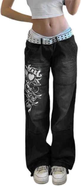 Mxiqqpltky Women Low Waist Jeans Retro Boyfriend Letter Print Denim Pants Y2K Straight Baggy Wide Leg Mom Jeans Streetwear