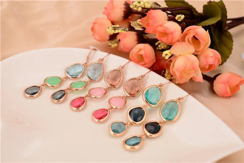 New Fashion Dangle Long Earrings Fashion Jewelry Charms Colorful Crystal Stone Long Drop Pink Earrings For Women