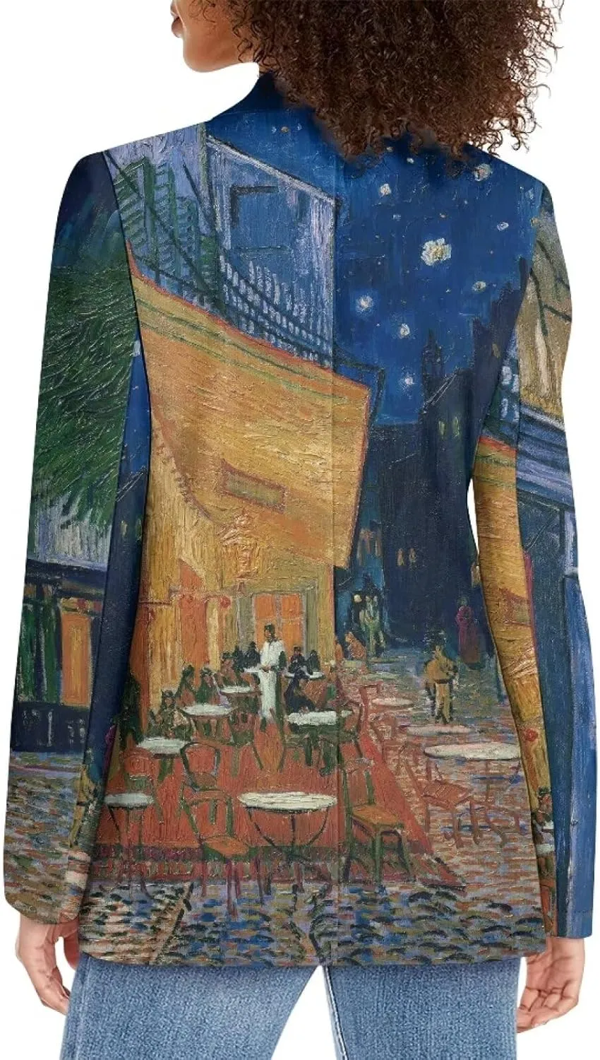 Oil Painting Printed Women's Long Sleeve Blazer with Pockets Single Button Jacket for Painting Exhibition, Party