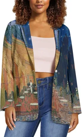Oil Painting Printed Women's Long Sleeve Blazer with Pockets Single Button Jacket for Painting Exhibition, Party