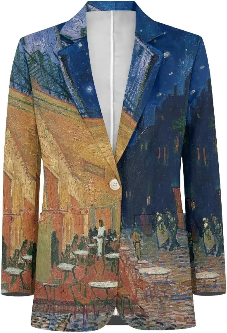 Oil Painting Printed Women's Long Sleeve Blazer with Pockets Single Button Jacket for Painting Exhibition, Party