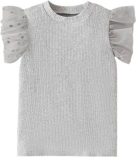 OPAWO Toddler Girl Shirts, Puff Dot Sleeve Baby Tee Shirt, Ribbed Short Sleeve T-Shirt, Solid Color Girls Tshirt Tops, 12M-7Y