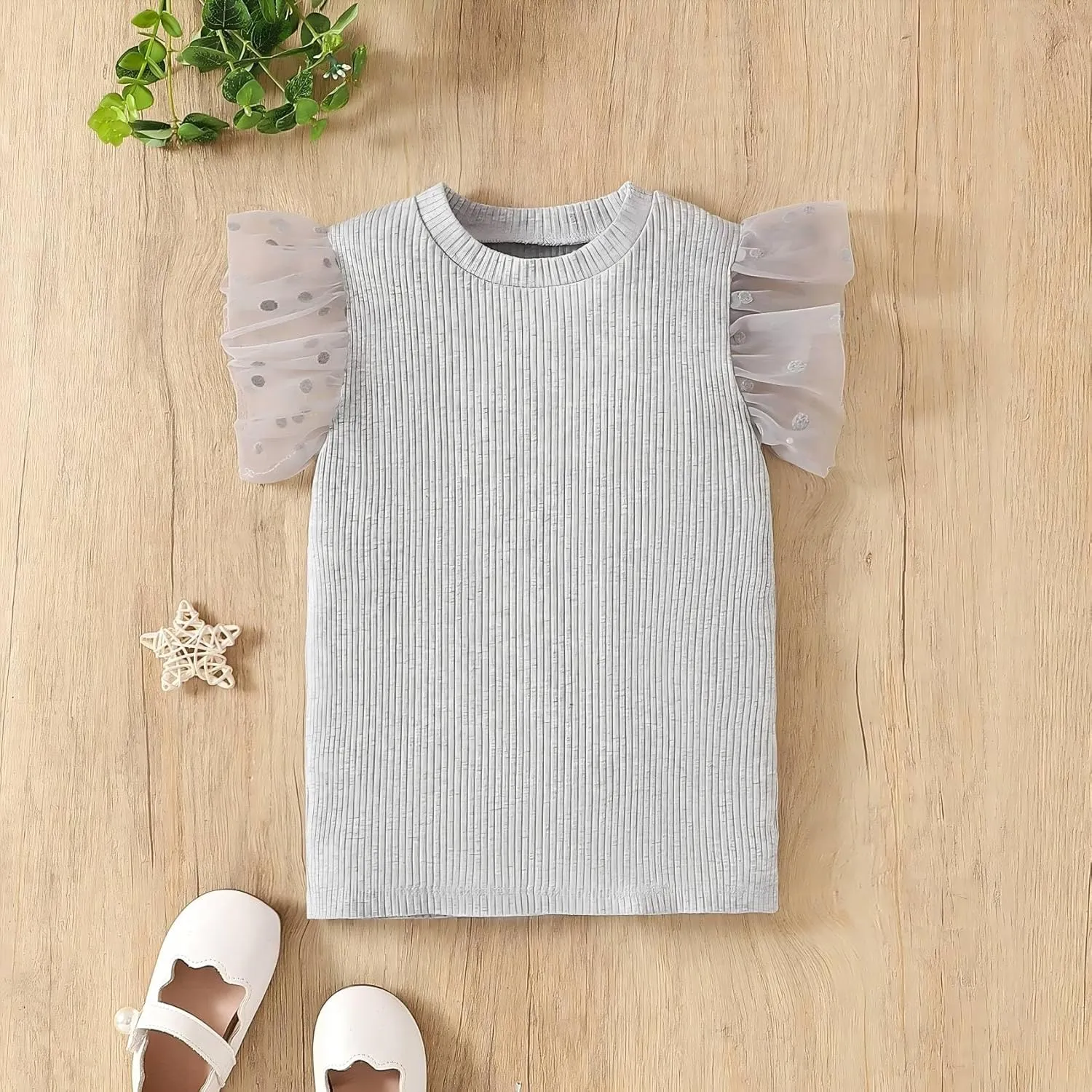 OPAWO Toddler Girl Shirts, Puff Dot Sleeve Baby Tee Shirt, Ribbed Short Sleeve T-Shirt, Solid Color Girls Tshirt Tops, 12M-7Y