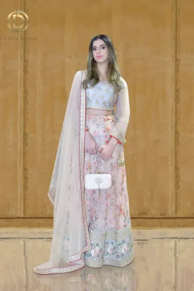 Peach Floral Printed Lehenga Set with Net Dupatta