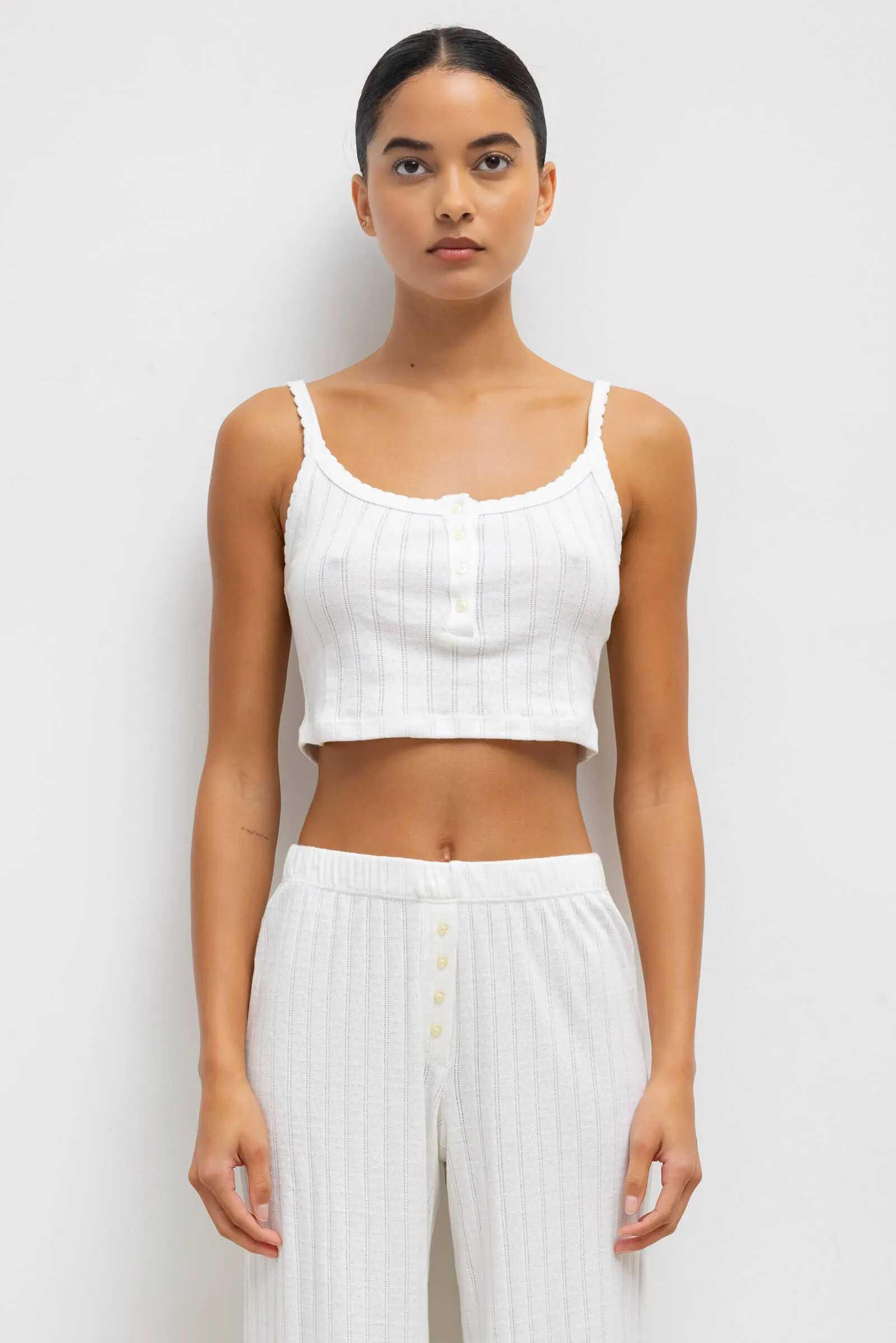 Pointelle Crop Button Scoop Neck Tank