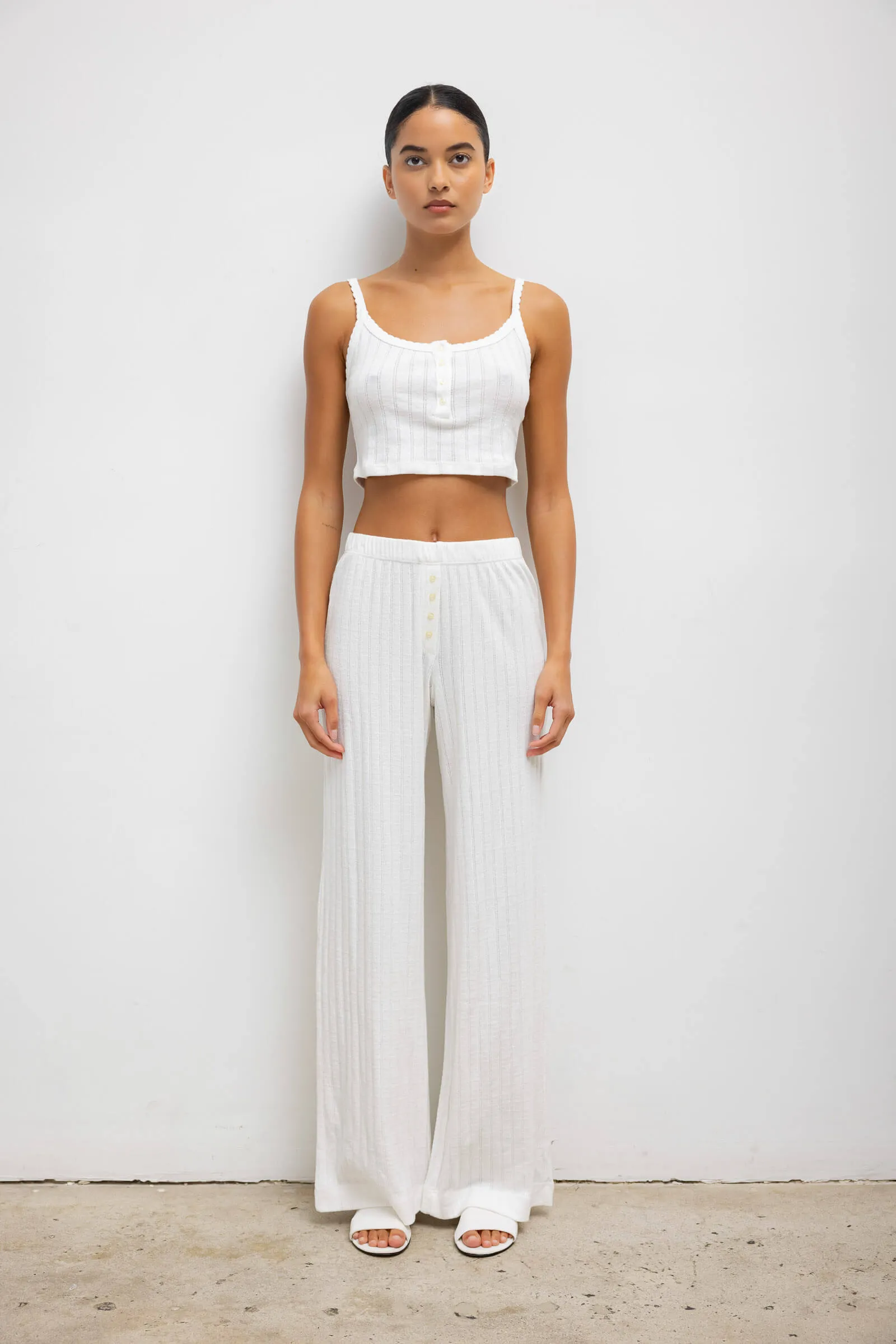 Pointelle Crop Button Scoop Neck Tank