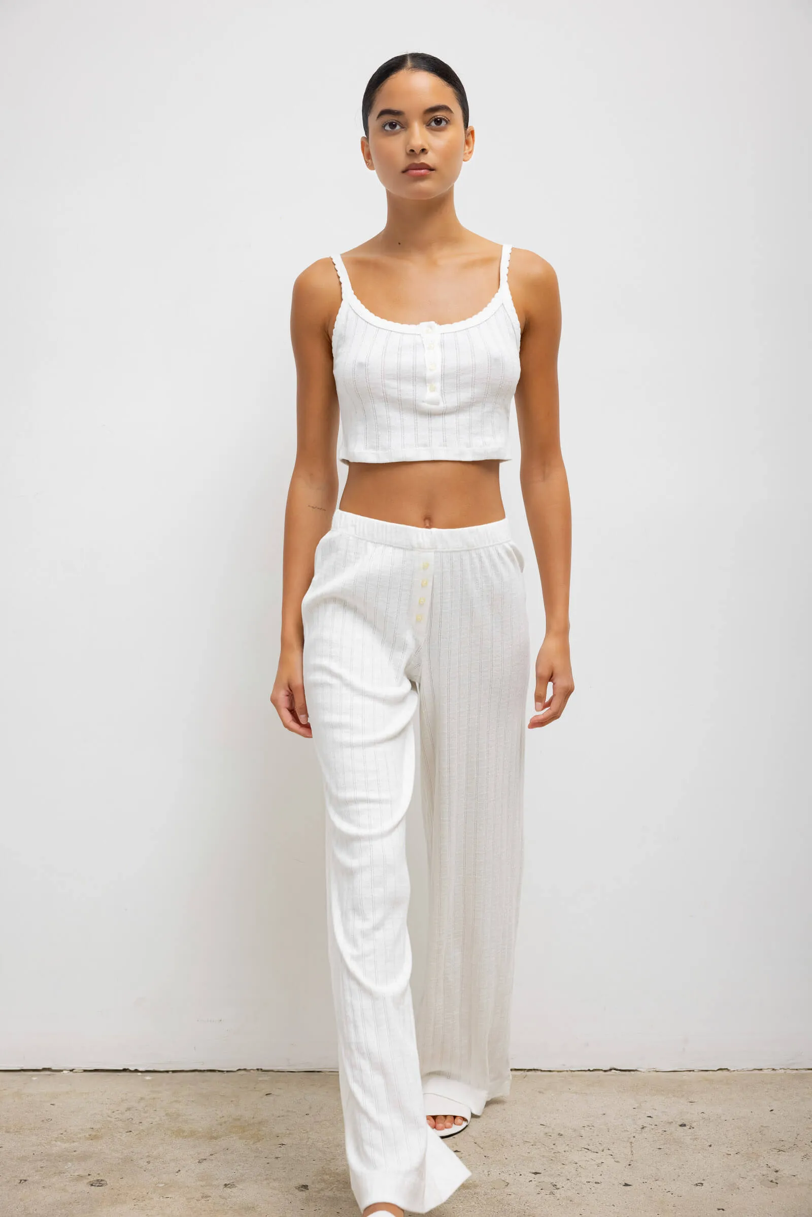 Pointelle Crop Button Scoop Neck Tank
