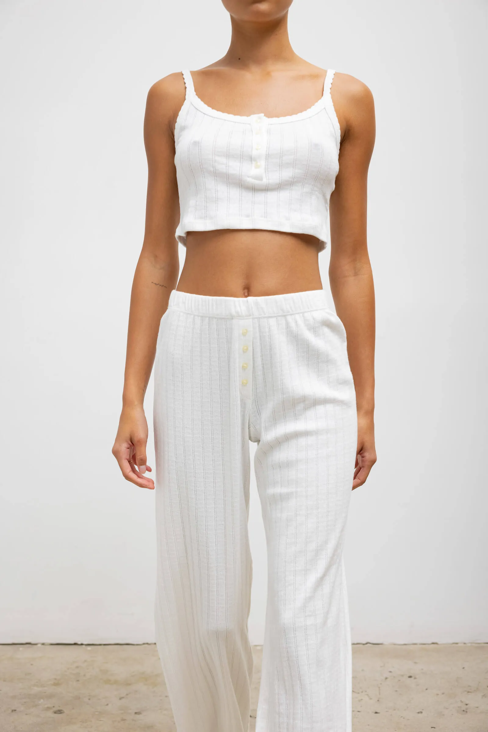 Pointelle Crop Button Scoop Neck Tank