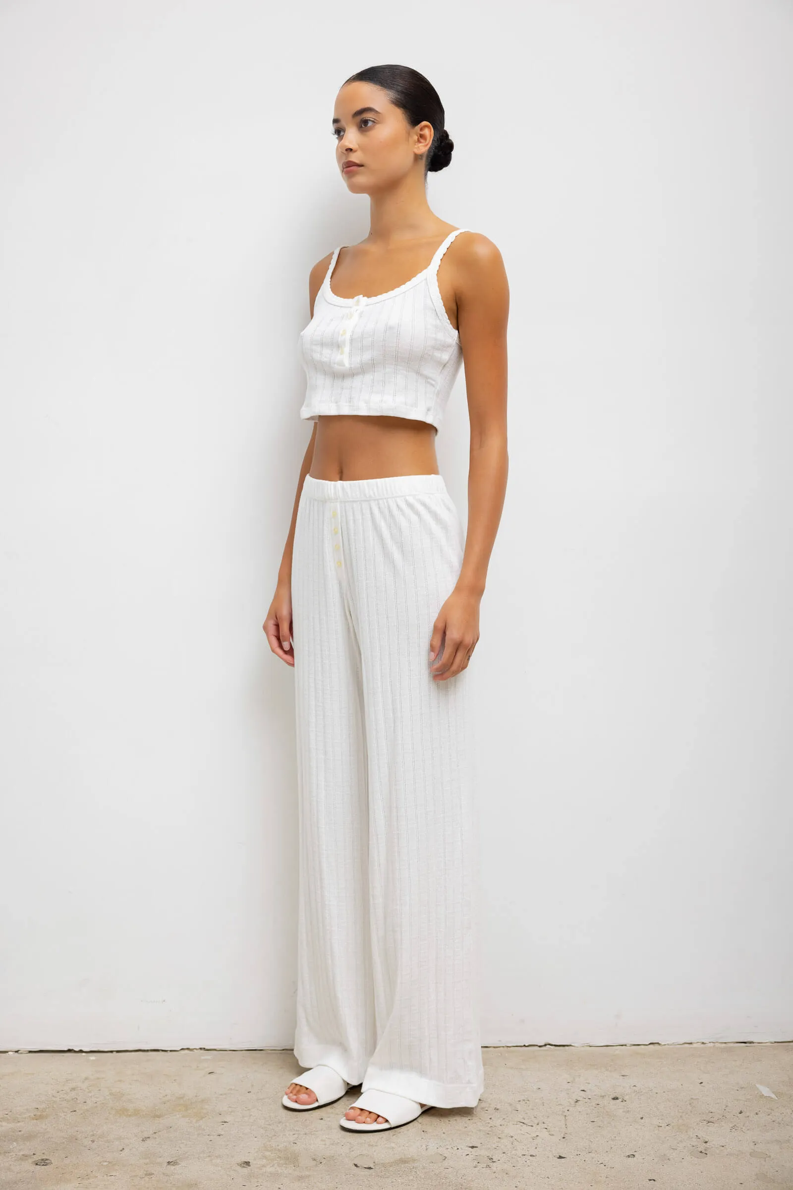 Pointelle Crop Button Scoop Neck Tank