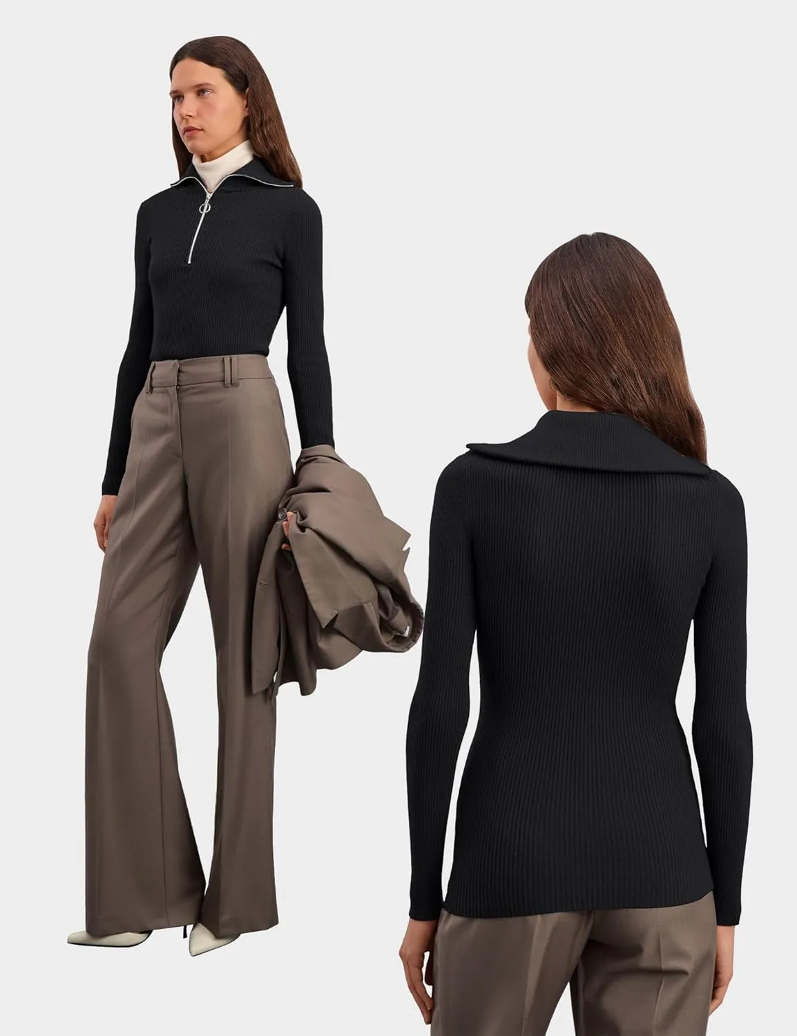 Prettywear Women's Quarter Zip Pullover Sweaters 2024 Long Sleeve Collared Slim Fit Ribbed Knit Business Casual Fall Top