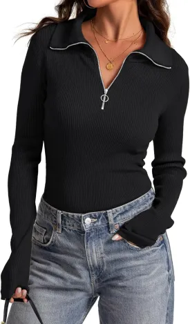 Prettywear Women's Quarter Zip Pullover Sweaters 2024 Long Sleeve Collared Slim Fit Ribbed Knit Business Casual Fall Top