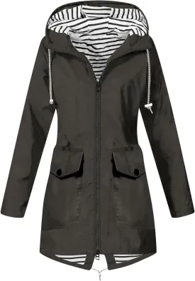 Rain Coats for Women Waterproof Hiking Rain Jacket Lightweight Long Sleeve Striped Hooded Trench Coat 2024, Black