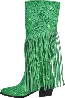 Richealnana Calf High Knee High Boots for Women Sparkle Rhinestones Clear Gems Shining Comfortable Tabs Pull-On Boots Fringe Tassel