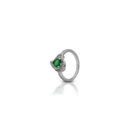 Silver Center Green Heart Shape Gem Stone with Leaf Design Ring for Girls