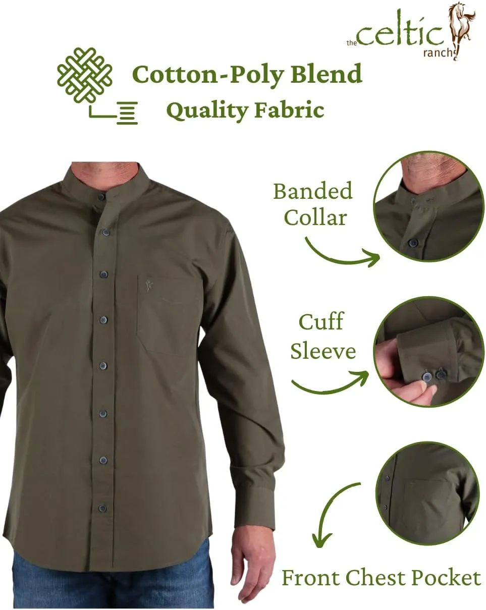 Traditional Irish Grandfather Shirt, Men's Casual Long Sleeve Button Down Poplin Style Dress Shirt with Band Collar