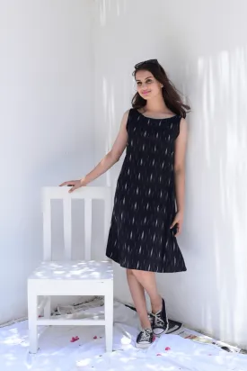 Weaved Black Ikkat A-line Sleeveless Dress