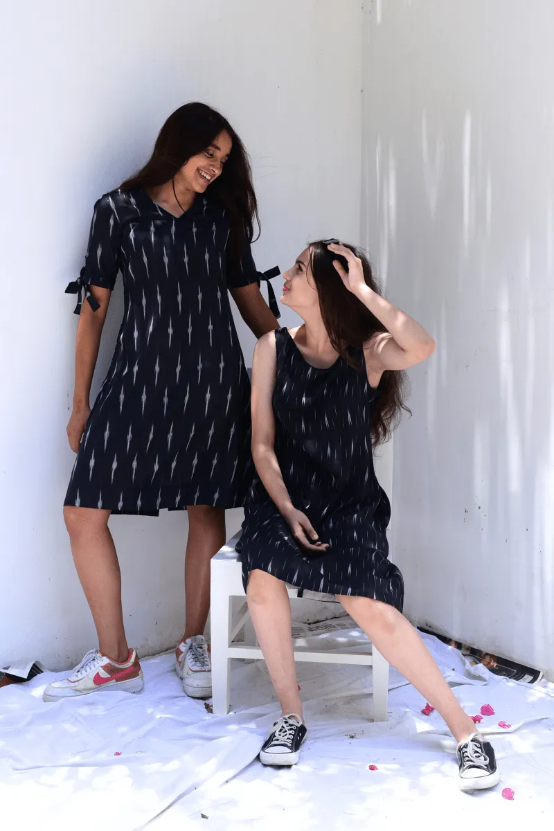 Weaved Black Ikkat A-line Sleeveless Dress