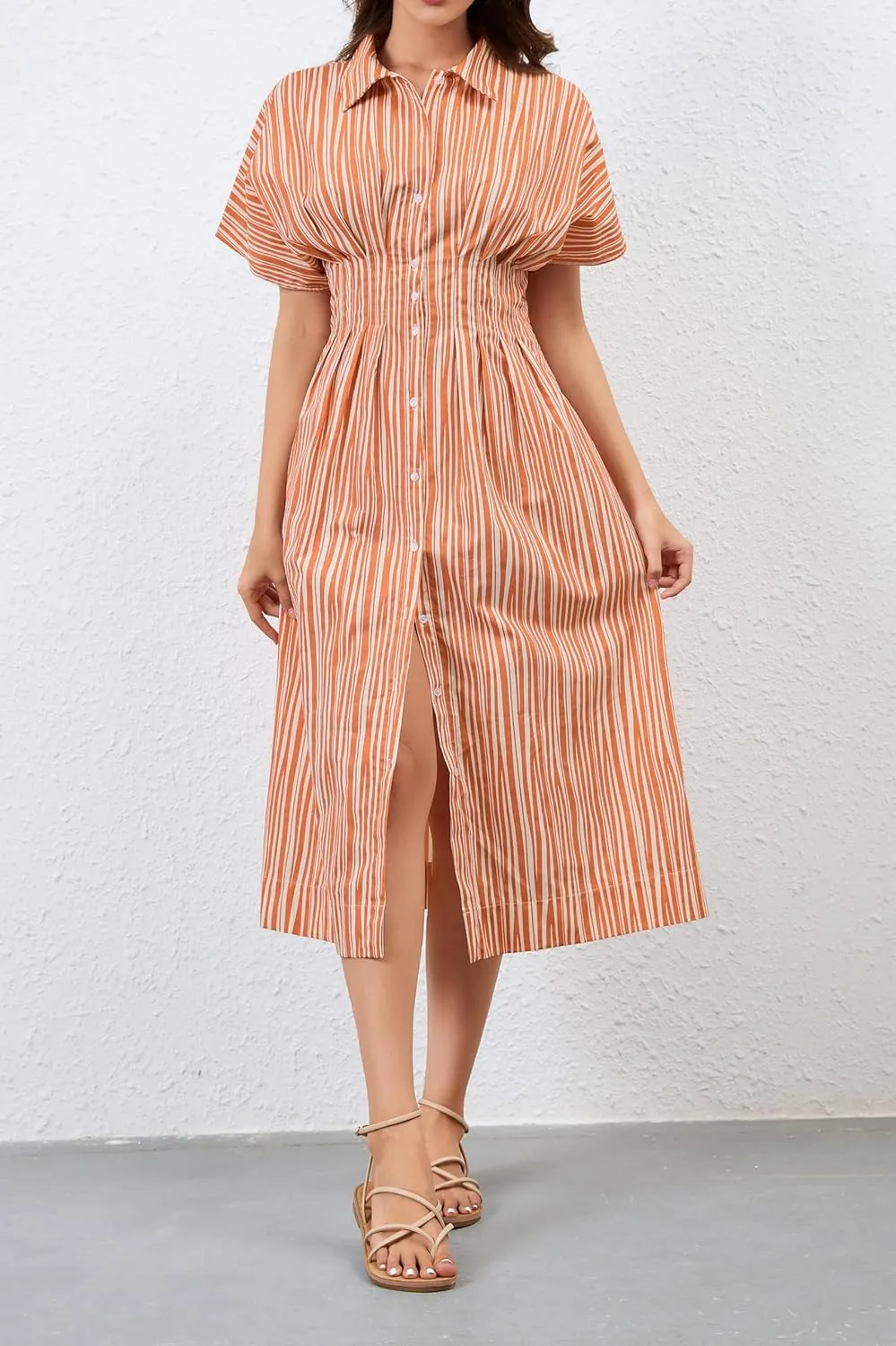 Women Button Front Pleated Shirt Maxi Dress Summer Striped Prints Short Sleeve Collar Casual Long Dresses