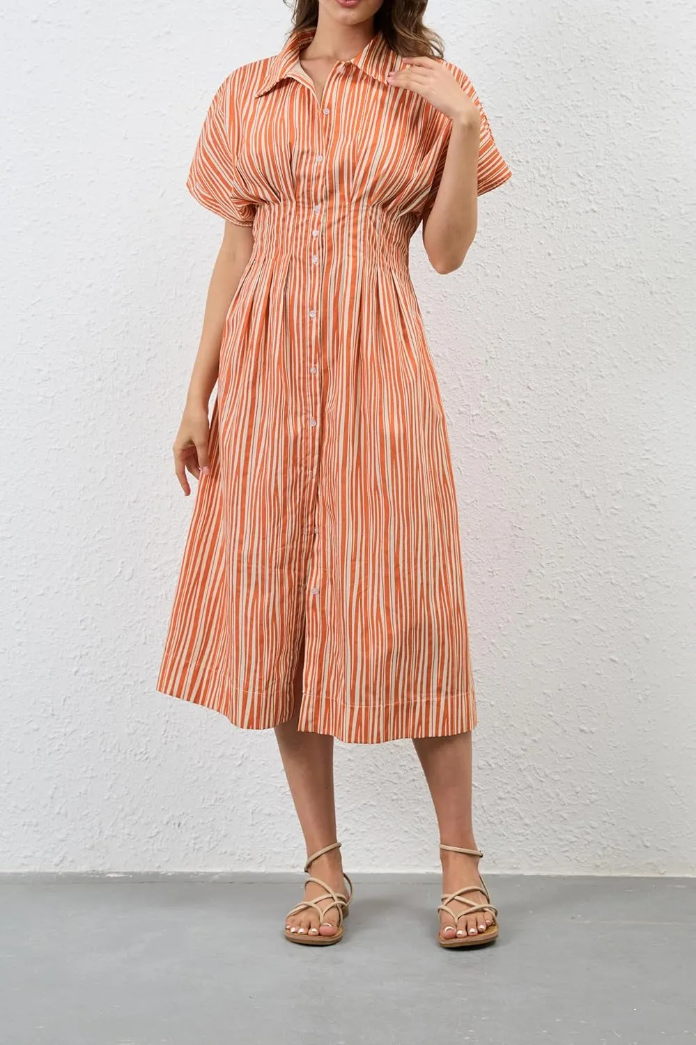 Women Button Front Pleated Shirt Maxi Dress Summer Striped Prints Short Sleeve Collar Casual Long Dresses