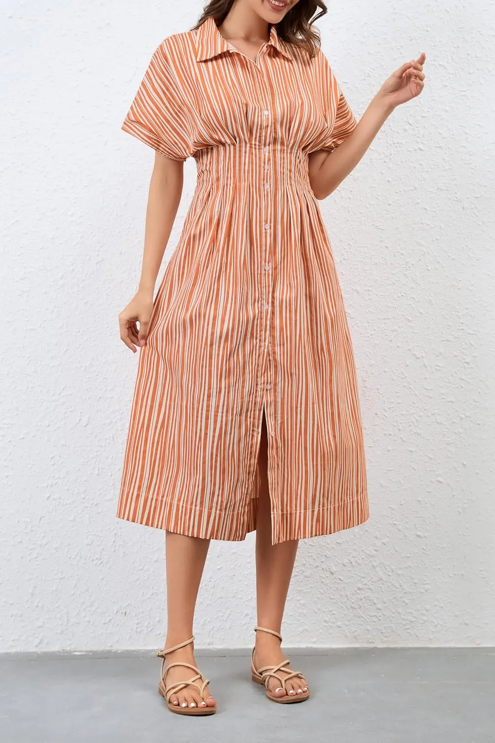 Women Button Front Pleated Shirt Maxi Dress Summer Striped Prints Short Sleeve Collar Casual Long Dresses