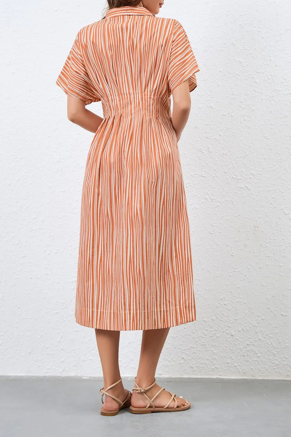 Women Button Front Pleated Shirt Maxi Dress Summer Striped Prints Short Sleeve Collar Casual Long Dresses
