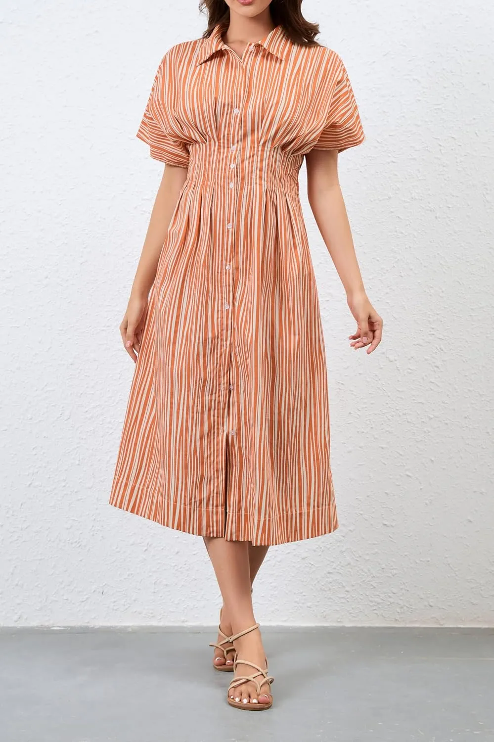 Women Button Front Pleated Shirt Maxi Dress Summer Striped Prints Short Sleeve Collar Casual Long Dresses